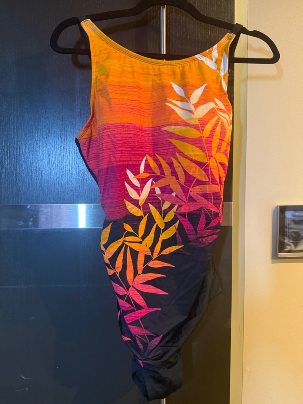 Jantzen Orange Pink Black Gradient One-Piece Swimsuit with Leaf Print